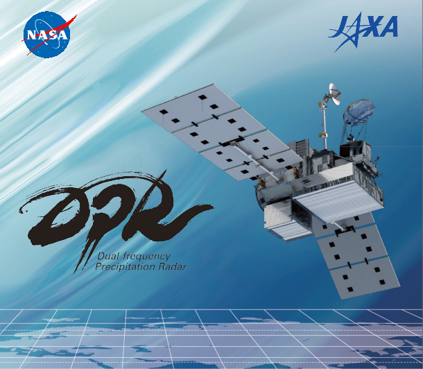 Image of GPM showing the DPR instrument, with NASA, JAXA, and DPR Logos