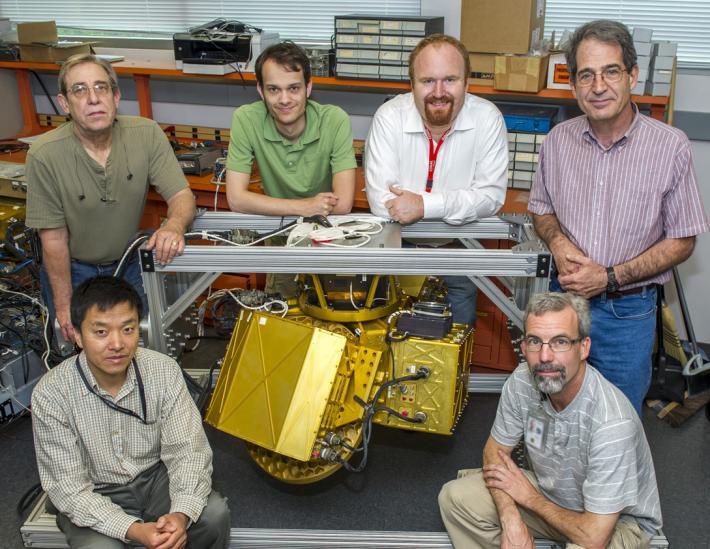 HIWRAP was developed by Goddard’s High Altitude Radar Group. The team includes (left to right): Lihua Li, Gerry McIntire, Michael Coon, Matthew McLinden, Gerry Heymsfield and Martin Perrine. McLinden led the work on the Cloud Radar System and Li led the work on EXRAD. Image Credit: NASA Goddard/Bill Hrybyk
