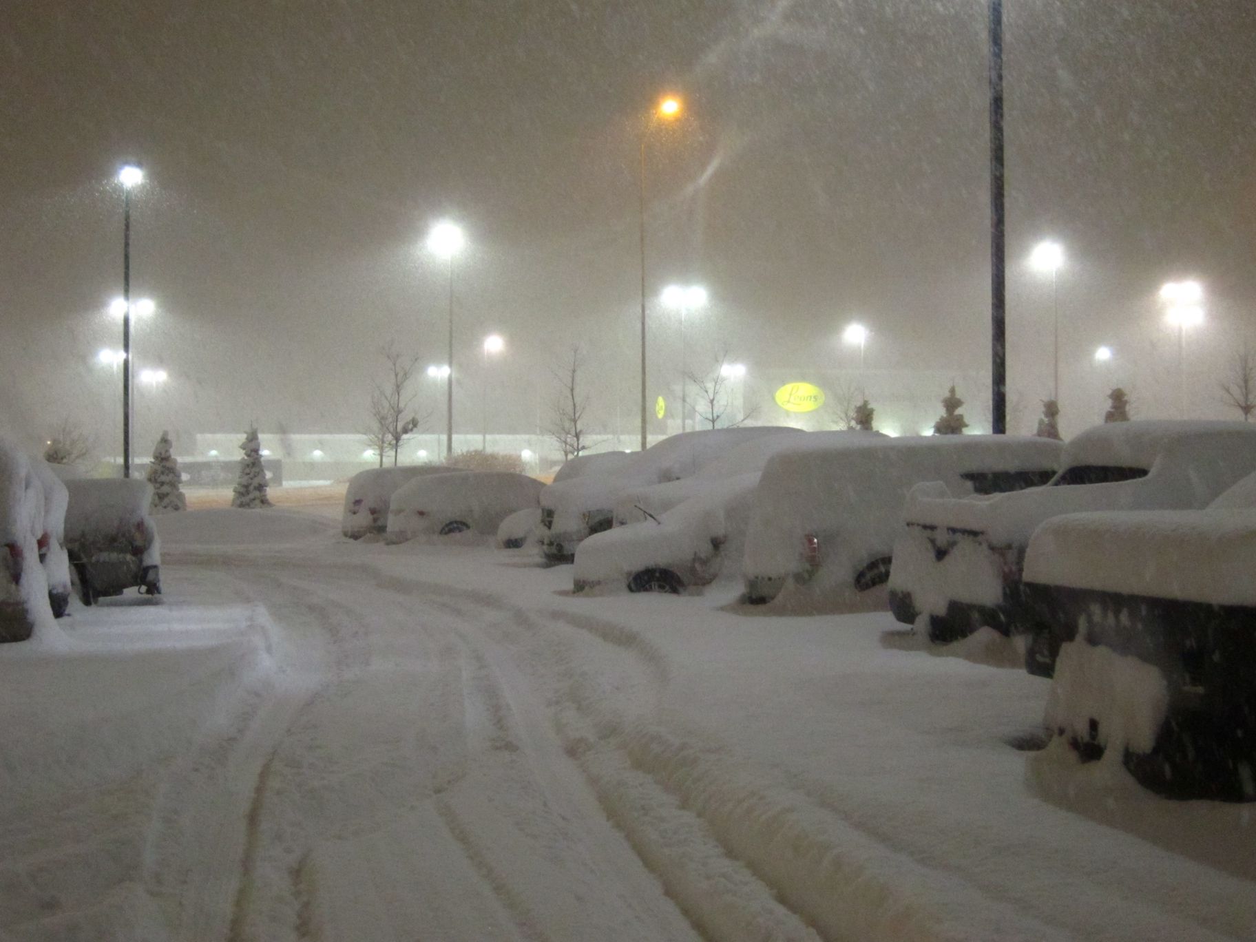 Snow Covered Cars at GCPEx, nightime parking lot