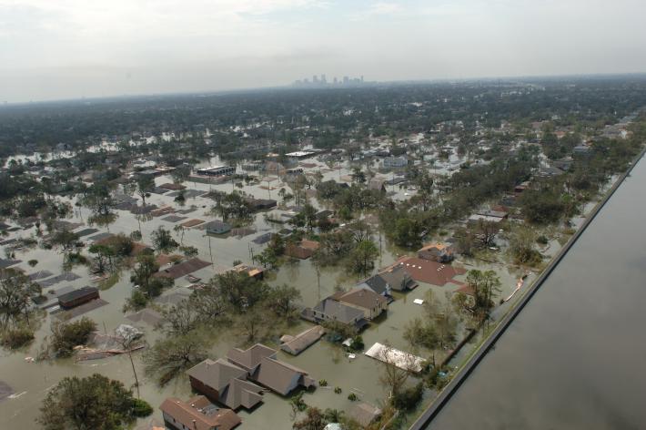 Submerged houses in Louisiana due to extreme flooding caused by Hurricane Katrina