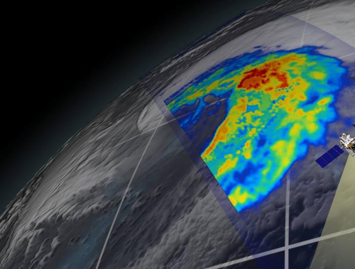 GPM flying over Earth with a data swath visualized.