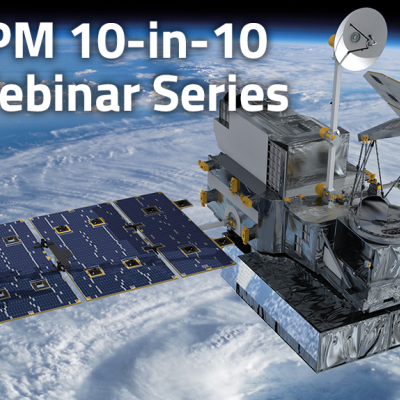 Text that says "GPM 10-in-10 Webinar Series" with a background showing a silver satelliet with large blue solar panels in space over a large hurricane on Earth's surface.