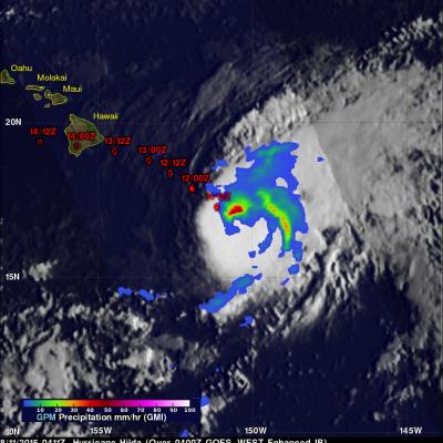 Three days ago Hilda was a category four hurricane on the Saffir-Simpson Hurricane Wind Scale with winds of 120 kts (138 mph). Hilda has been weakening and had winds of about 80 kts (92 mph) when the GPM core observatory satellite passed above on August 11, 2015 at 0411 UTC (August 10, 2015 at 6:11 PM HST). Rainfall data from GPM's Microwave Imager (GMI) instrument is shown overlaid on a 0400 UTC August 11, 2015 GOES-WEST Infrared image. GPM's GMI revealed that storms north of hurricane Hilda's eye were dro