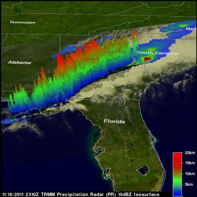 TRMM radar image of deadly tornados over the American southeast.